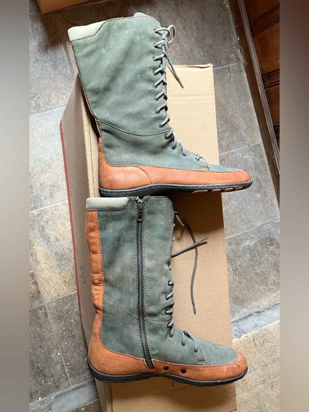Born Gray and Tan Zip Up Boots with Front Laces Size 7 US